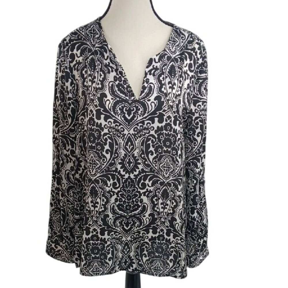 Ann Taylor Blouse Womens Size Small Black White Damask Print Long Sleeve Tunic
